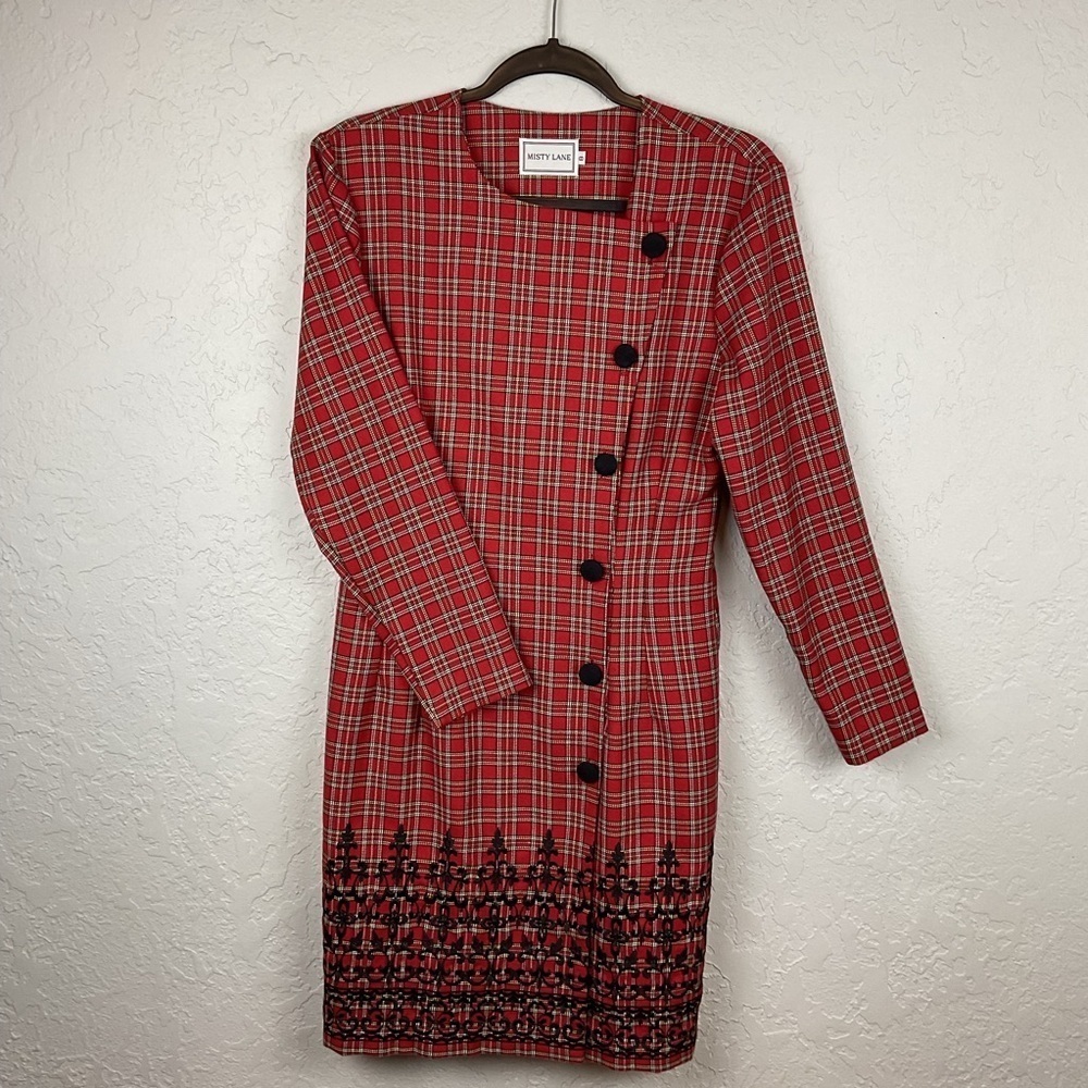 Vintage Misty Lane Classic Red Plaid Button Down Dress with Black Accents Size 8